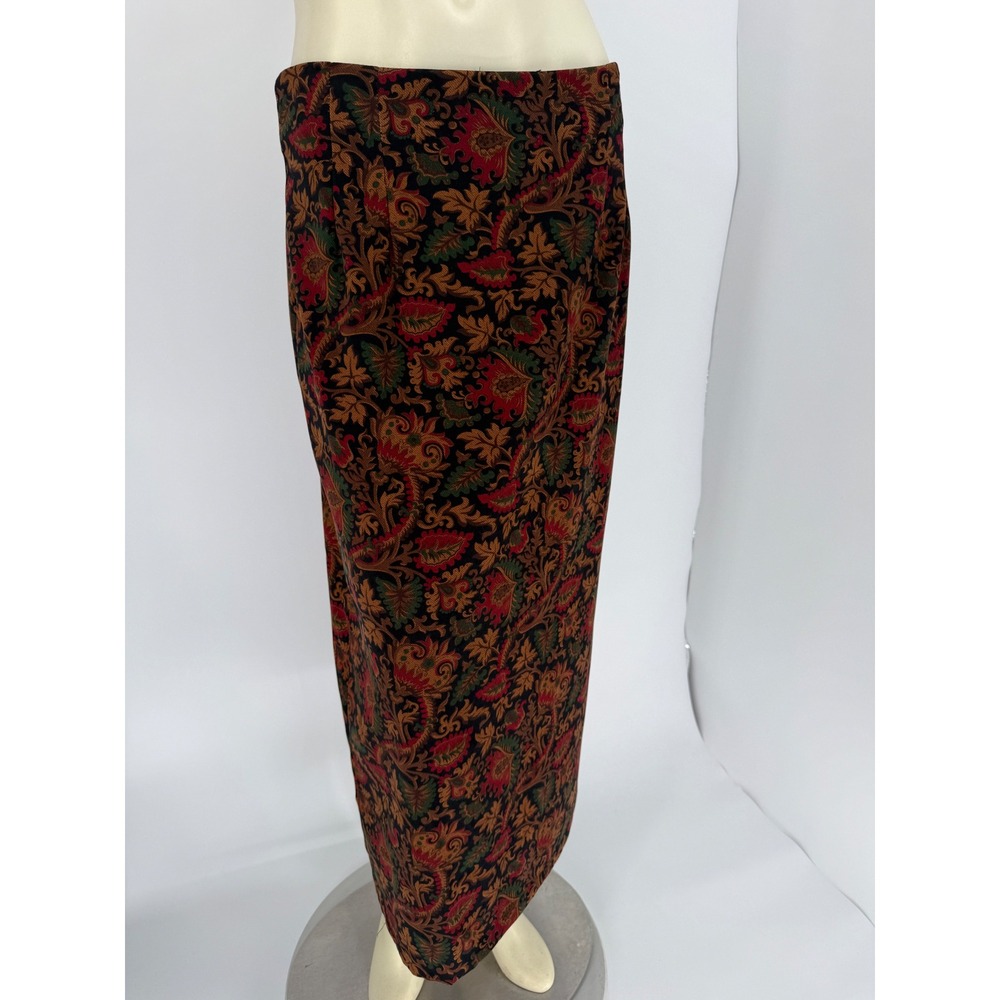 1990s Briggs New York Dark Paisley Pencil Midi Skirt Women's 12 Stretch Vintage